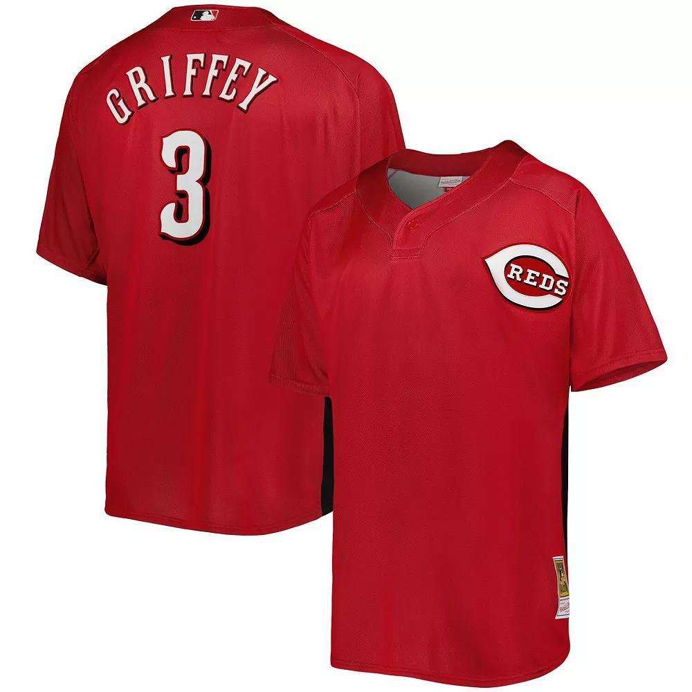 Men's Mitchell & Ness Ken Griffey Jr. Red Cincinnati Reds Cooperstown Collection Mesh Batting Practice Button-Up Jersey, Size: XL, Red Red Product Image
