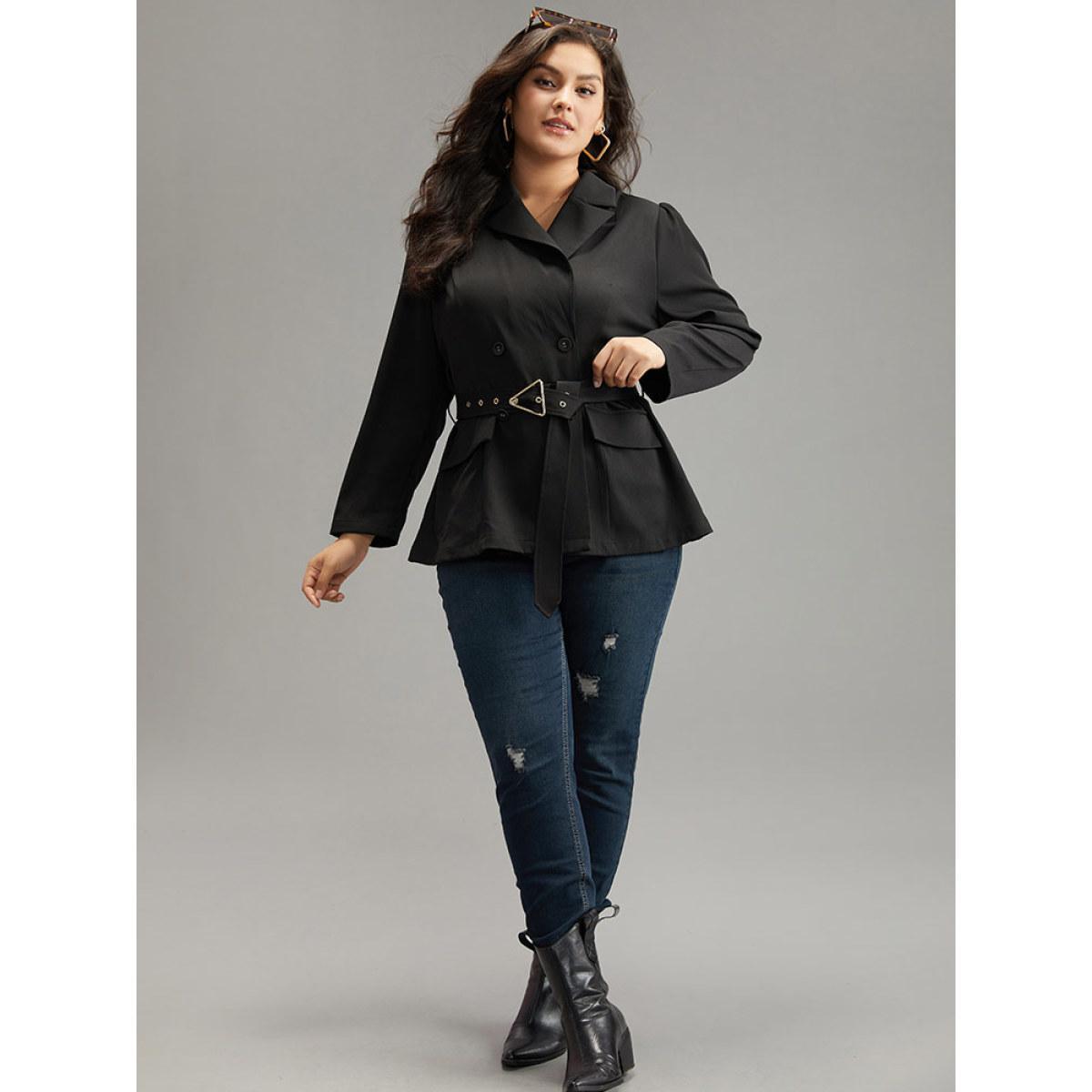 Plus Size Solid Suit Collar Buckle Detail Belted Blazer Black Women Work Plain Plain Sleeve Long Sleeve Suit Collar 18-20/2X Belt At the Office Blazers BloomChic Product Image