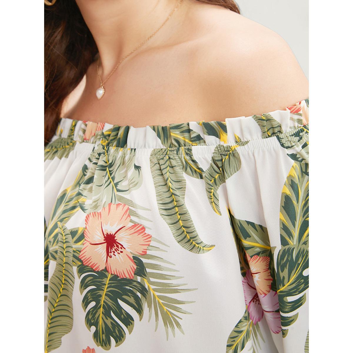 Plus Size White Tropical Print Off Shoulder Lantern Sleeve Blouse Women Vacation Short sleeve One-shoulder neck Dailywear Blouses BloomChic 10/M Product Image