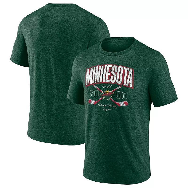 Men's Fanatics  Heather Green Minnesota Wild Cross Sticks Tri-Blend T-Shirt, Size: XL Product Image