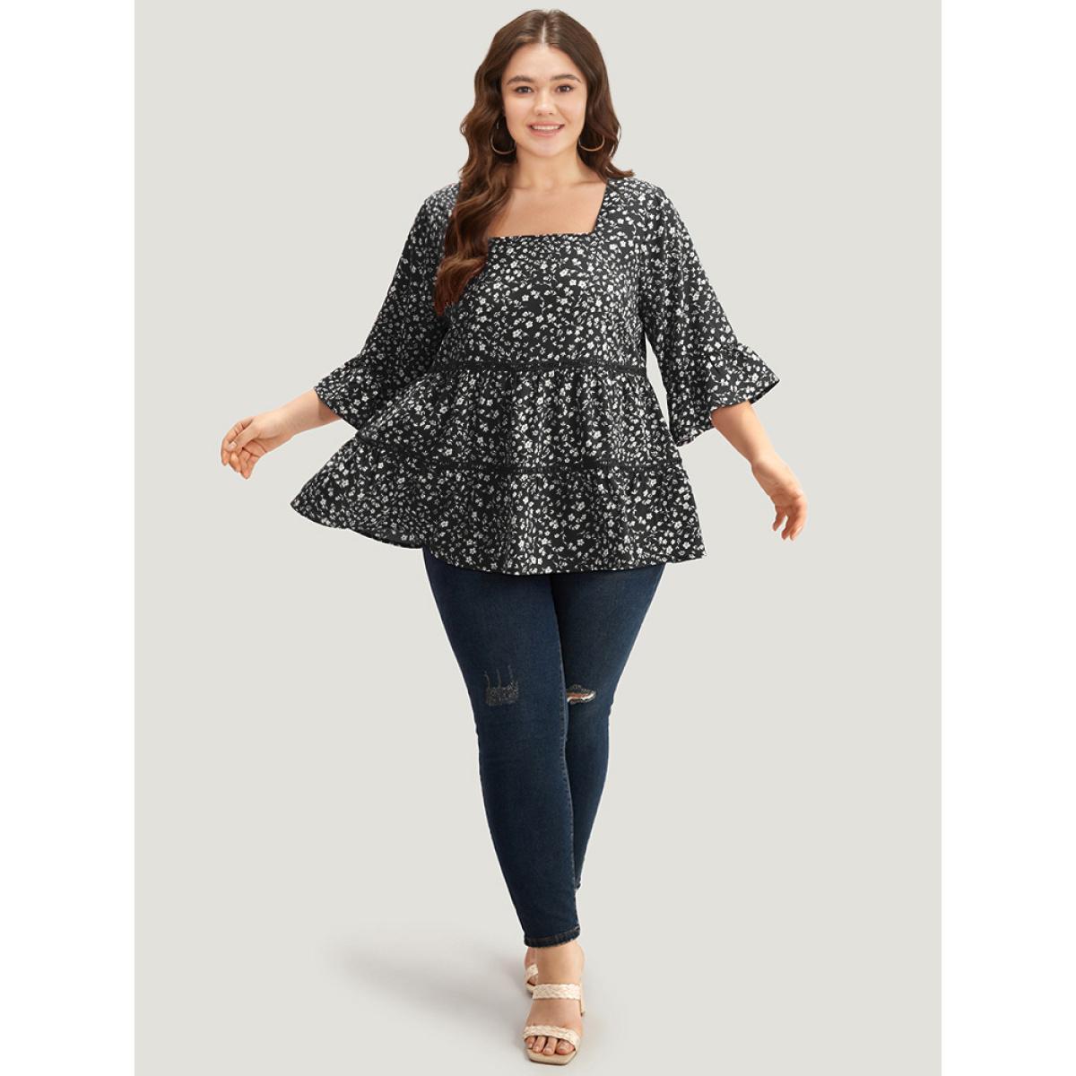 Plus Size Black Silhouette Floral Print Lace Patchwork Square Neck Flutters Blouse Women Elegant Elbow-length sleeve Square Neck Dailywear Blouses BloomChic 10/M Product Image