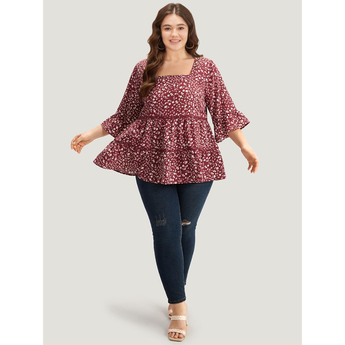 Plus Size Burgundy Silhouette Floral Print Lace Patchwork Square Neck Flutters Blouse Women Elegant Elbow-length sleeve Square Neck Dailywear Blouses BloomChic 10/M Product Image