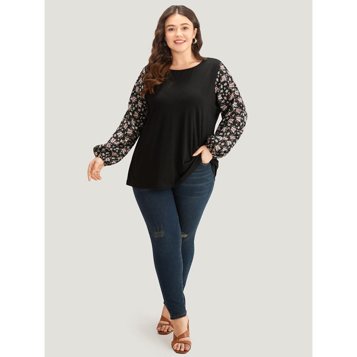 Plus Size Crew Neck Patchwork Ditsy Floral T-shirt Black Women Elegant Elastic cuffs Ditsy Floral Round Neck Dailywear T-shirts BloomChic 18-20/2X Product Image