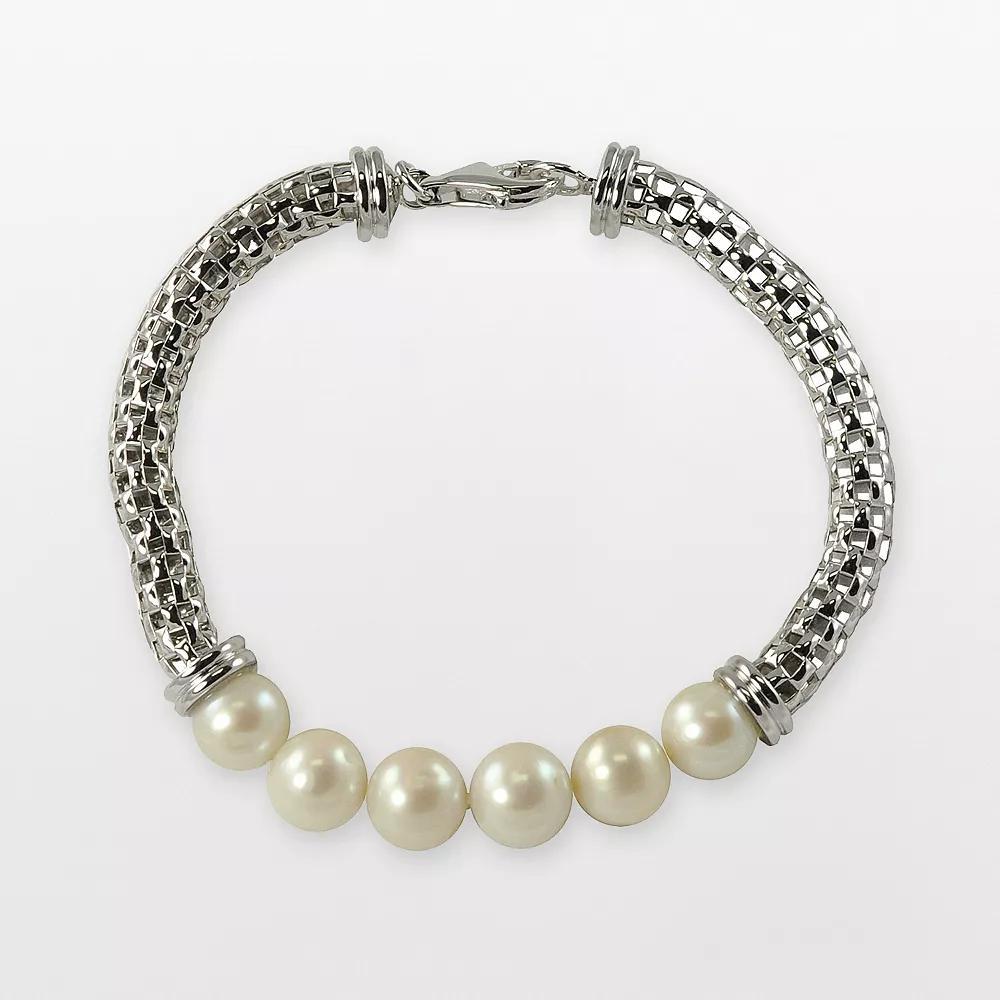 Sterling Silver Freshwater Cultured Pearl Mesh Chain Bracelet, Womens Product Image