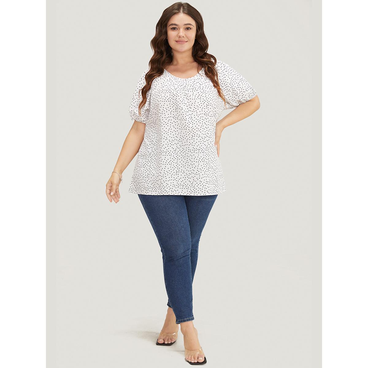 Plus Size White Polka Dot Pleated Round Neck Puff Sleeve Blouse Women Office Short sleeve Round Neck Work Blouses BloomChic 26/4X Product Image