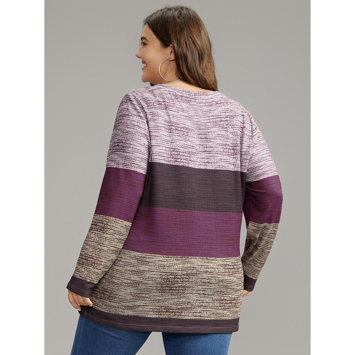 Plus Size Striped Colorblock Contrast V Neck T-shirt Purple Women Casual Contrast Colorblock V-neck Everyday T-shirts BloomChic 30/6X Product Image