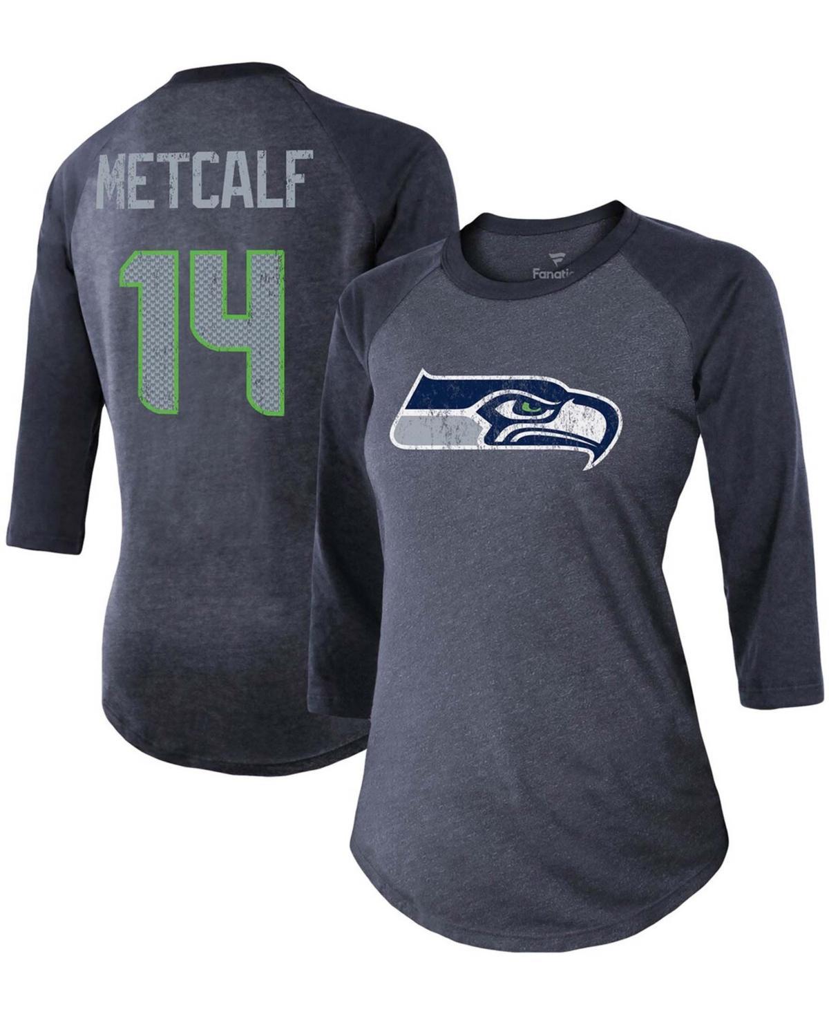 Women's Fanatics Branded DK Metcalf College Navy Seattle Seahawks Team Player Name & Number Tri-Blend Raglan 3/4-Sleeve T-Shirt, Size: Medium, Blue Product Image