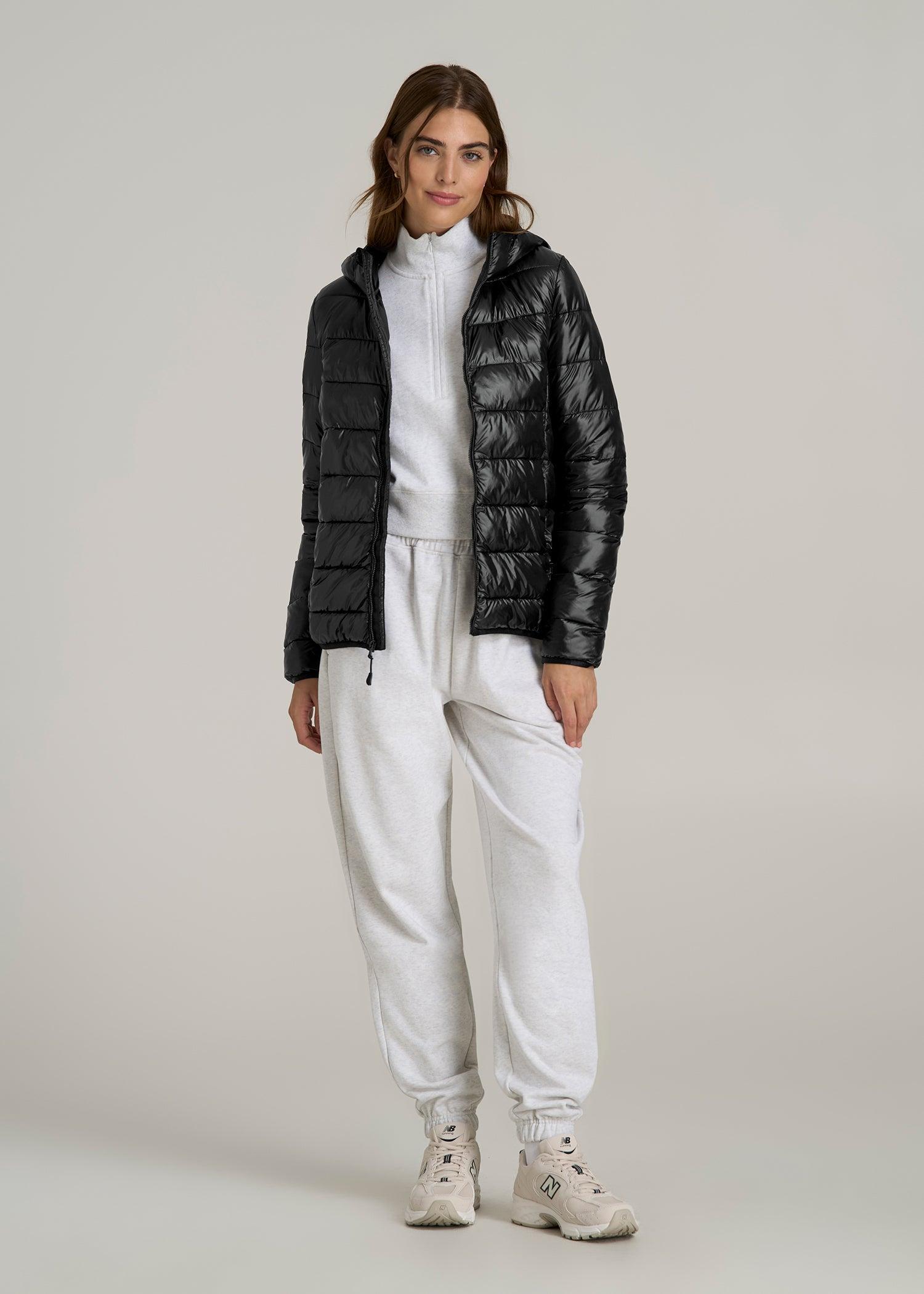 Packable Short Puffer Jacket for Tall Women in Glossy Black Product Image