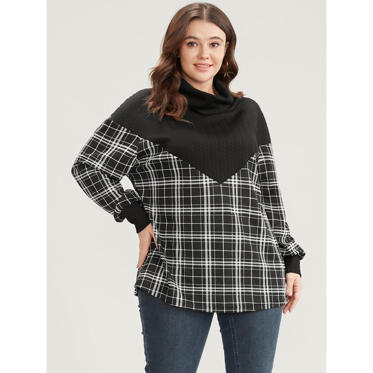 Plus Size Plaid Patchwork Button Detail Funnel Neck Sweatshirt Women Black Elegant Contrast Turtleneck Dailywear Sweatshirts BloomChic 26/4X Product Image