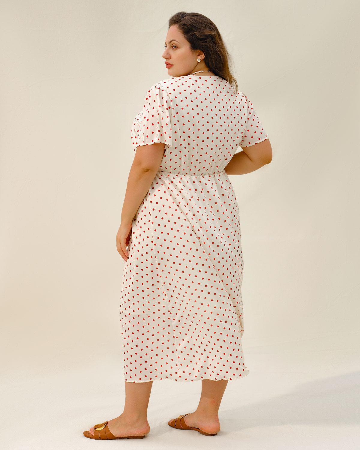Beige Polka Dot Plus Size Midi Dress Product Image