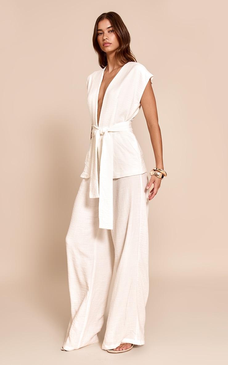 White Textured Tie Waist Jumspuit Product Image