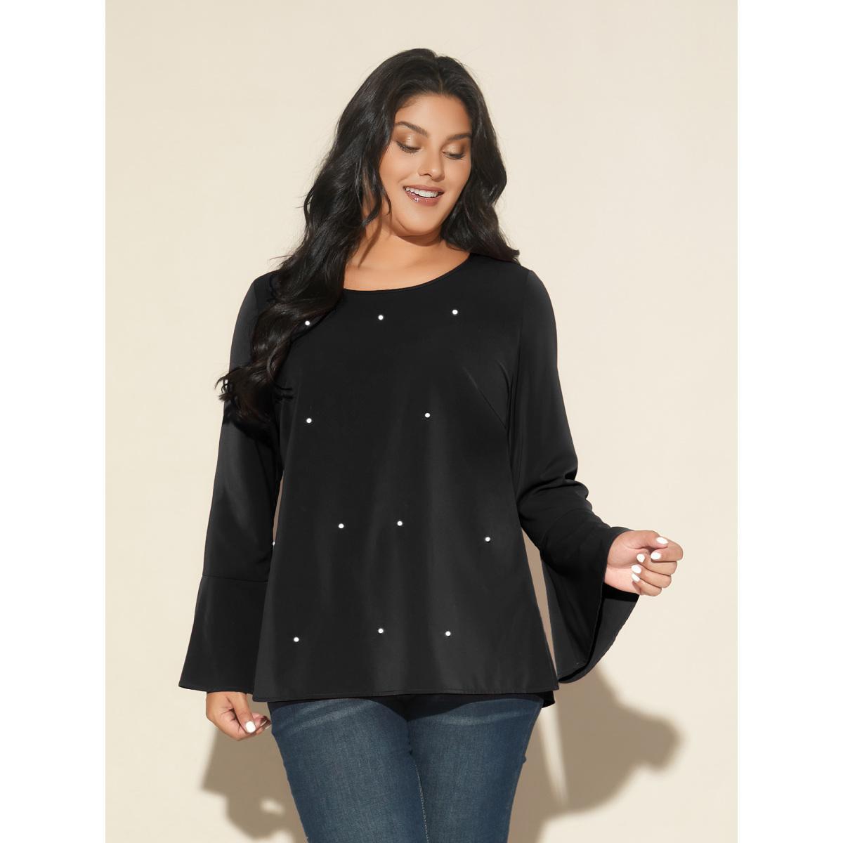Plus Size Black Beaded Embellished Bell Sleeves Blouse Women Cocktail Long Sleeve Round Neck Party Blouses BloomChic 30/6X Product Image