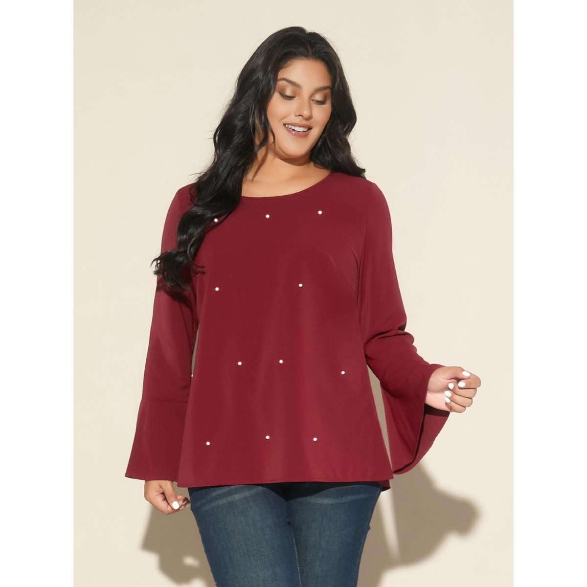Plus Size Black Beaded Embellished Bell Sleeves Blouse Women Cocktail Long Sleeve Round Neck Party Blouses BloomChic 30/6X Product Image