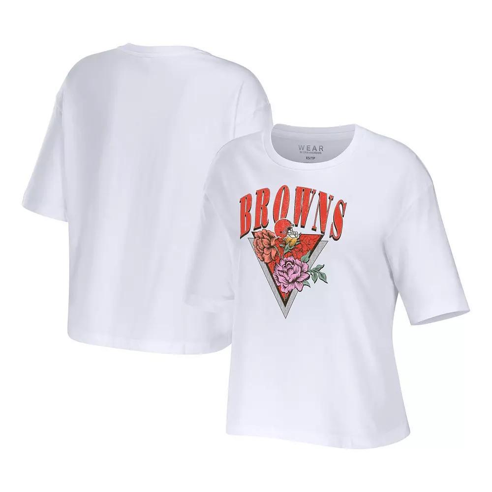 Women's WEAR by Erin Andrews White Cleveland Browns Boxy Floral Cropped T-Shirt, Size: XL Product Image