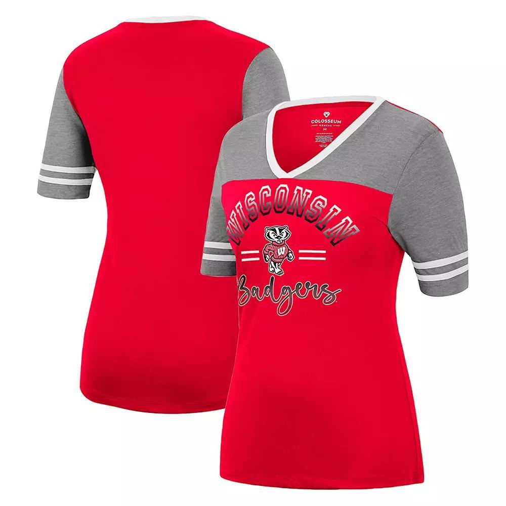 Women's Colosseum Red/Heathered Gray Wisconsin Badgers There You Are V-Neck T-Shirt, Size: Small Product Image