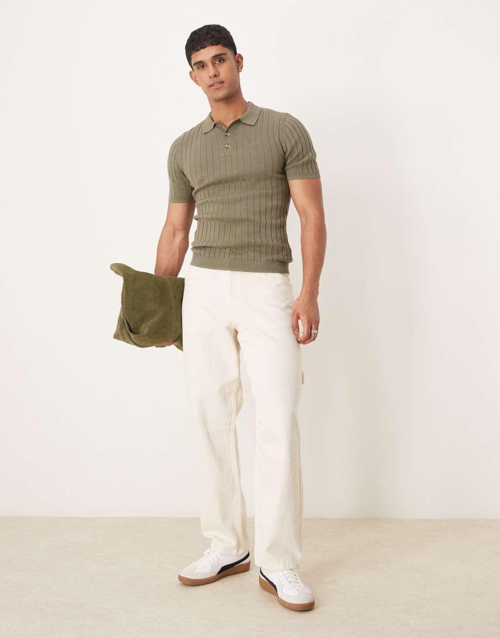 ASOS DESIGN knit muscle fit rib polo T-shirt in khaki Product Image