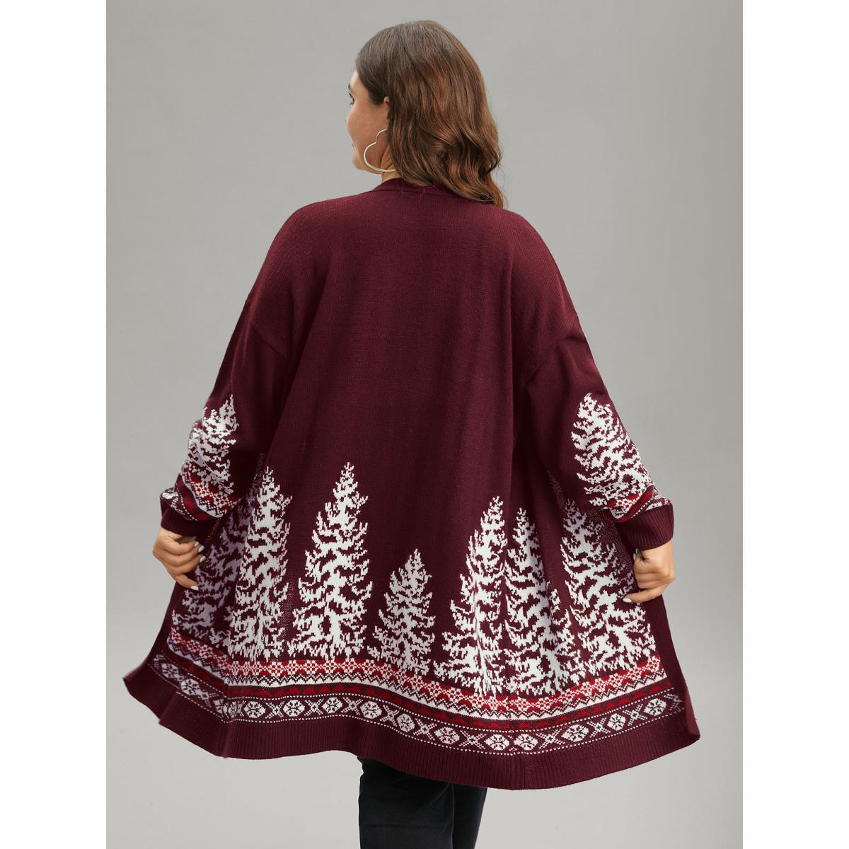 Plus Size Christmas Trees Contrast Cardigan Deepred Women Casual Loose Long Sleeve Festival-Christmas Cardigans BloomChic 18-20/2X Product Image