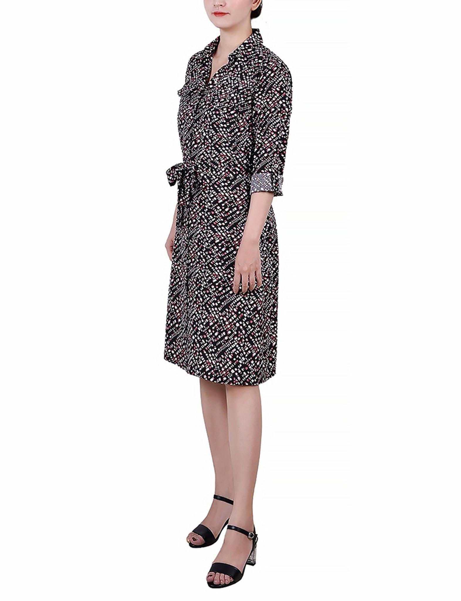 Cypress Inca Gold Navy Zigzag 3/4 Roll Tab Sleeve Belted Shirtdress - Petite Product Image