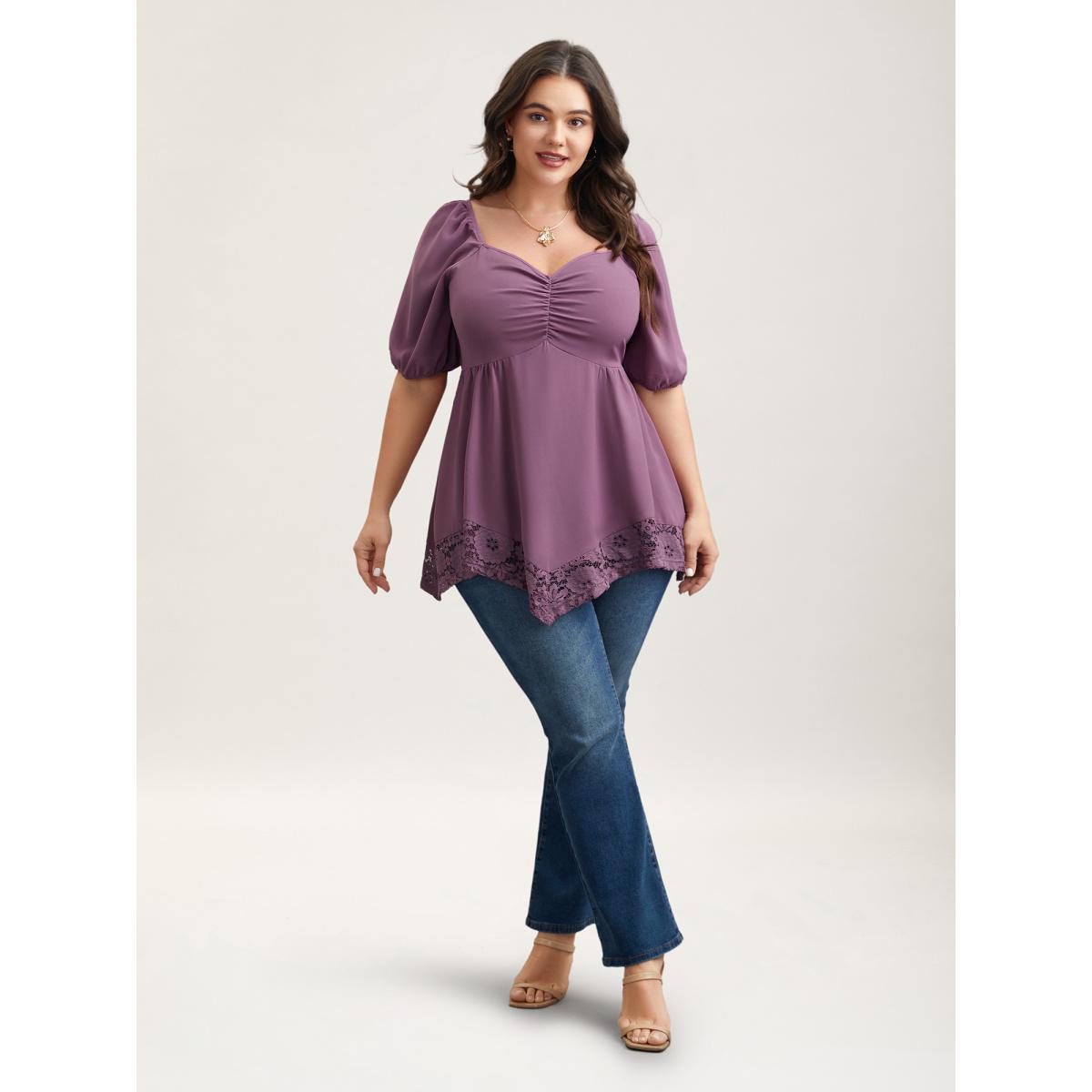 Plus Size Mauve Sweetheart Neck Lace High-Low Hem Shirt Women Elegant Half Sleeve Heart neckline Everyday Blouses BloomChic 28/5X Product Image