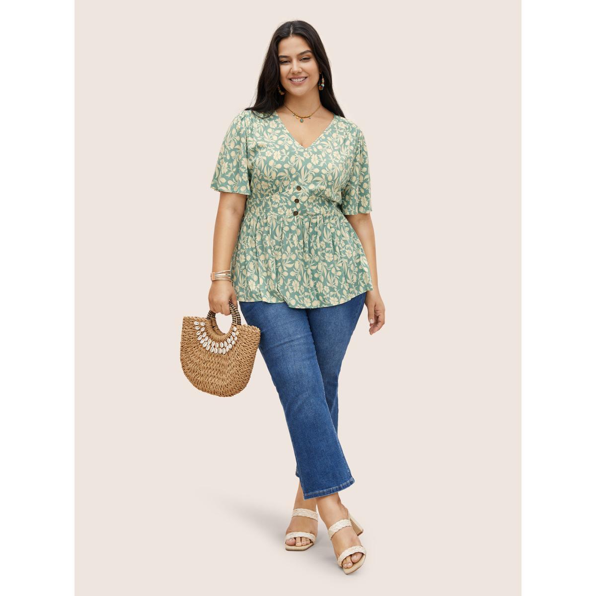 Plus Size Turquoise Floral Gathered Button Detail Flutter Sleeve Blouse Women Resort Short sleeve V-neck Vacation Blouses BloomChic 14-16/1X Product Image