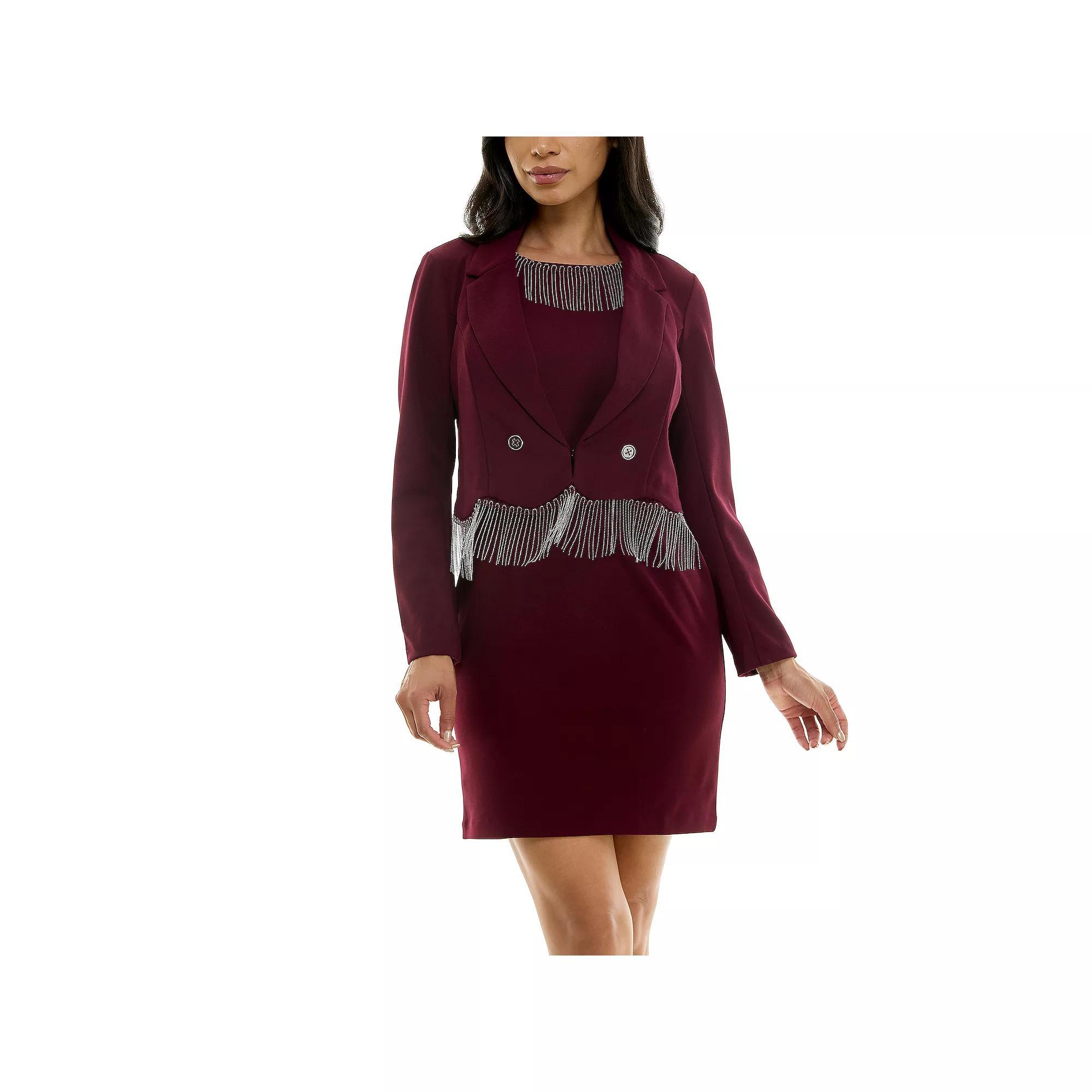 Women's Nina Leonard 2-Piece Fringed Dress and Blazer Set, Size: XL, Deep Red Product Image