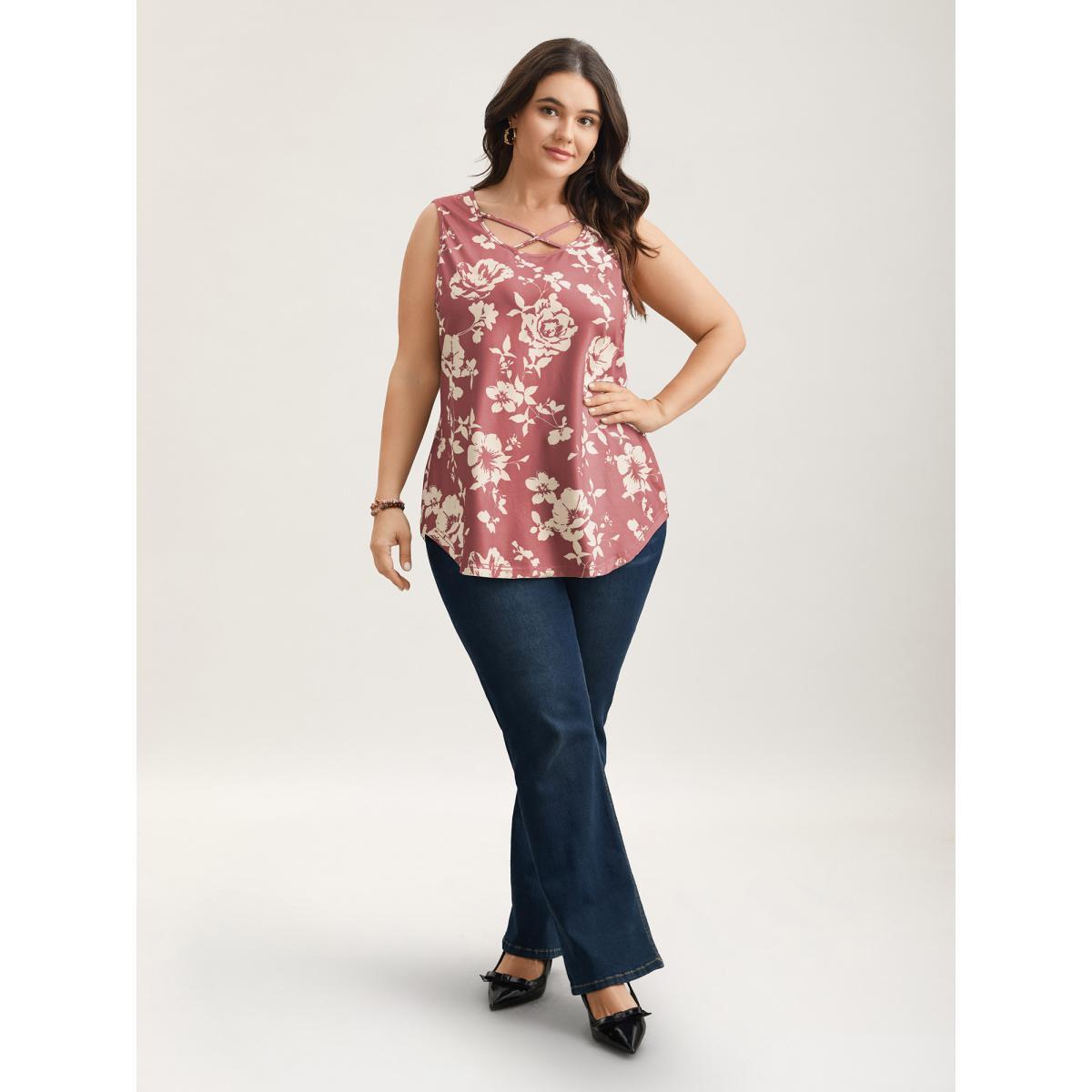Plus Size Rosy Print Neck-Tie Fitted Vest Women DustyPink Elegant Contrast U-neck Everyday Tank Tops Camis BloomChic 30/6X Product Image