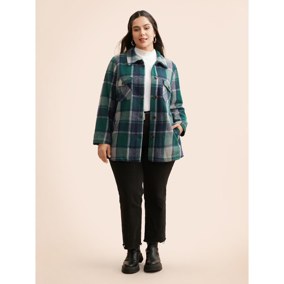 Plus Size Plaid Shirt Collar Patched Pocket Jacket Women DarkGreen Button Loose Slanted pocket Everyday Jackets BloomChic 30/6X Product Image