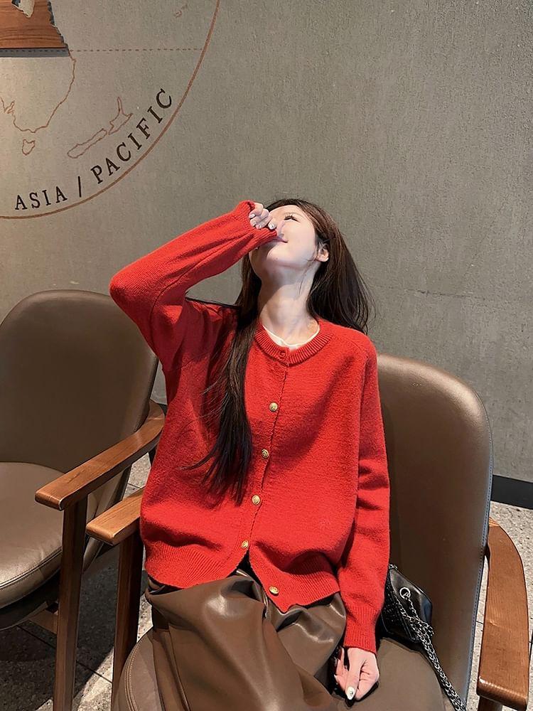 Crewneck Button-Up Plain Cardigan Product Image