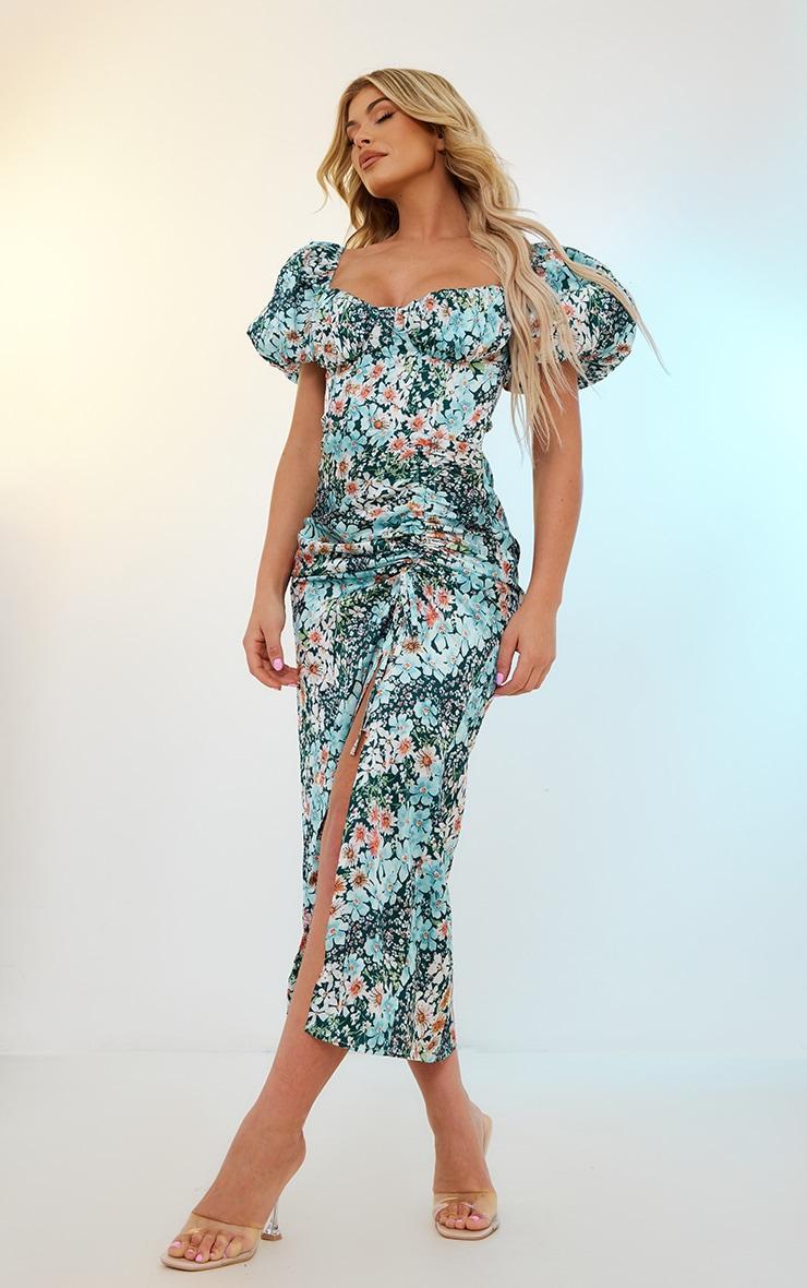 Blue Floral Print Satin Puff Sleeve Corset Ruched Midaxi Dress Product Image