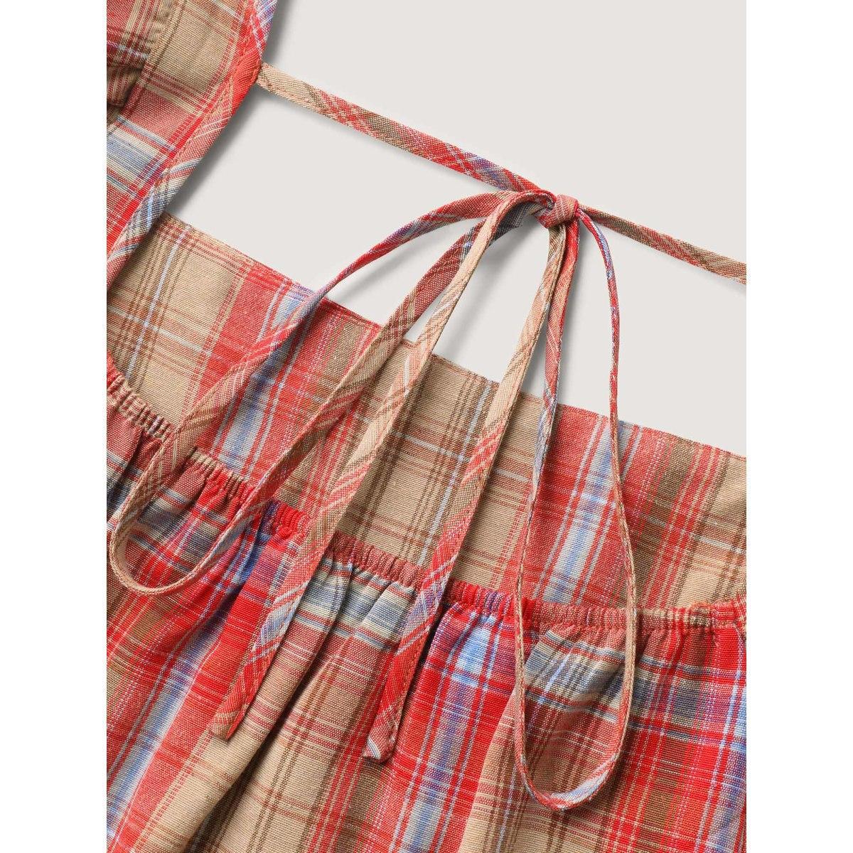 Plus Size Raspberry Plaid Print Flutter Sleeve Pleated Blouse Women Cap Sleeve Square Neck Everyday-Casual Blouses BloomChic 10/M Product Image