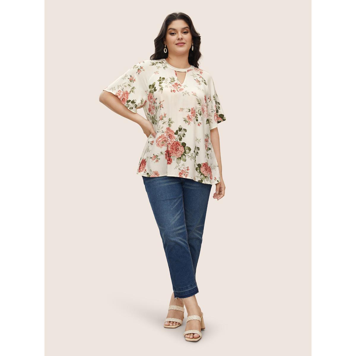 Plus Size Ivory Floral Print Keyhole Flutter Sleeve Blouse Women Elegant Short sleeve Round Neck Everyday Blouses BloomChic 14-16/1X Product Image