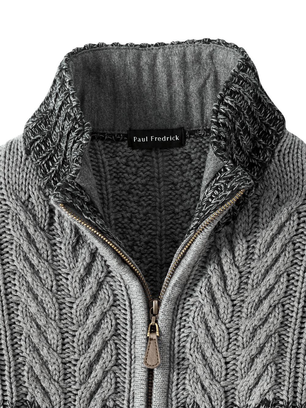 Cotton Cable Full Zip Mock Neck Sweater - Black/grey Product Image