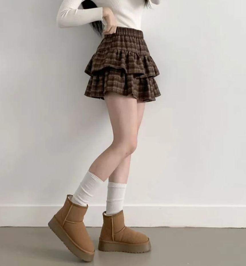 High Waist Plaid Ruffle Hem Tiered Skirt Product Image