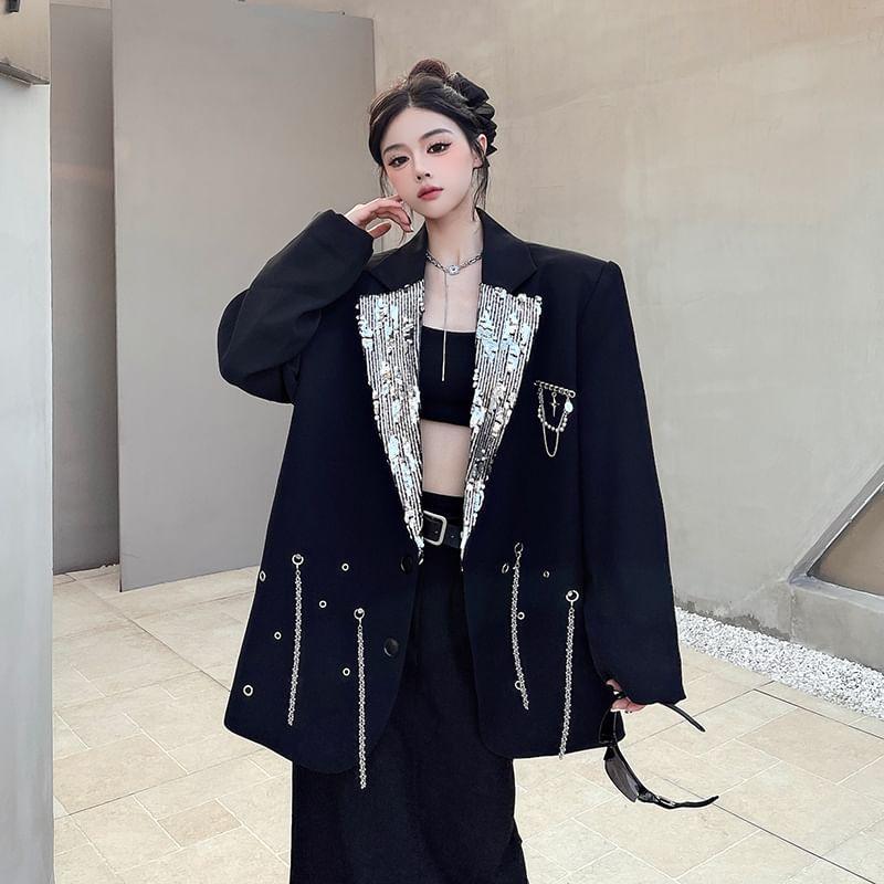 Chained Lapel Collar Button-Up Blazer Product Image