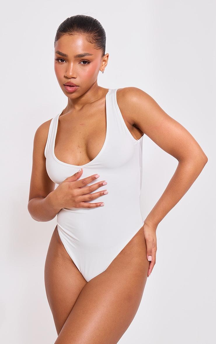 White Basic Slinky V Neck Bodysuit Product Image