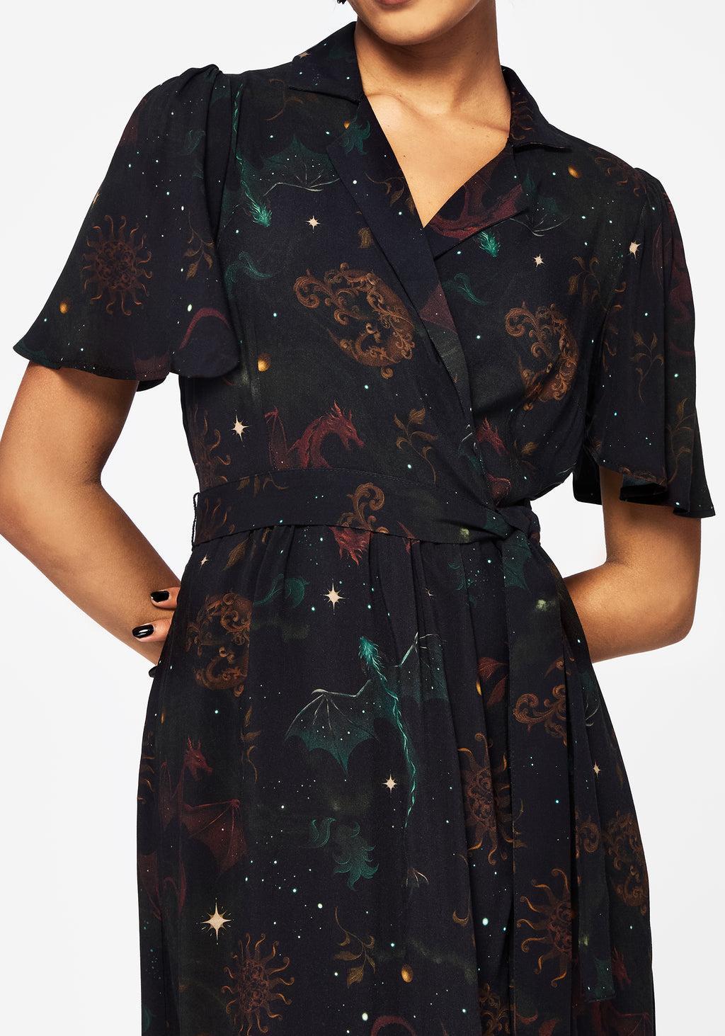 Phoenix Dragon Printed Wrap Midaxi Shirt Dress Product Image