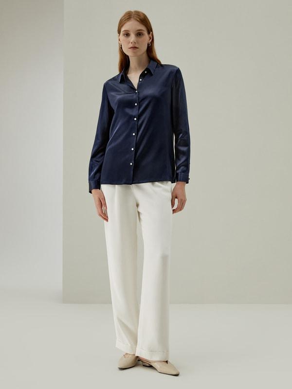 Classic Pearl Button Silk Shirt Product Image