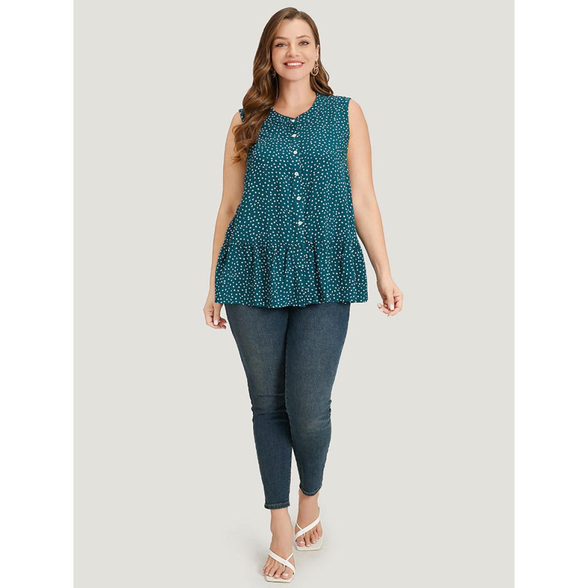 Plus Size Polka Dot Button Down Patchwork Tank Top Women Cyan Elegant Button Round Neck Dailywear Tank Tops Camis BloomChic 26/4X Product Image