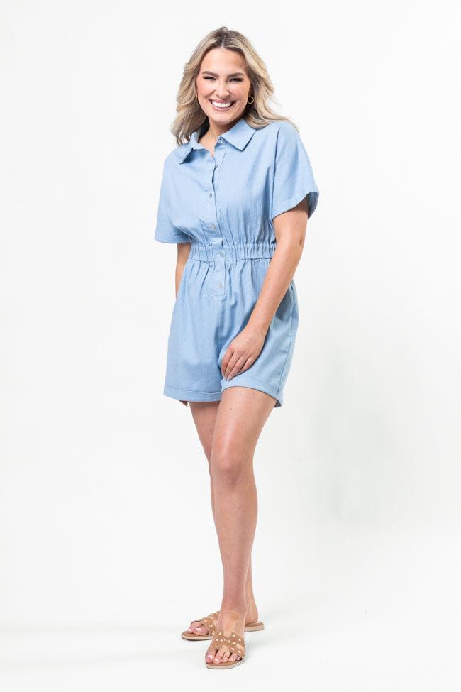 Walk With Me Blue Solid Chambray Romper FINAL SALE Product Image