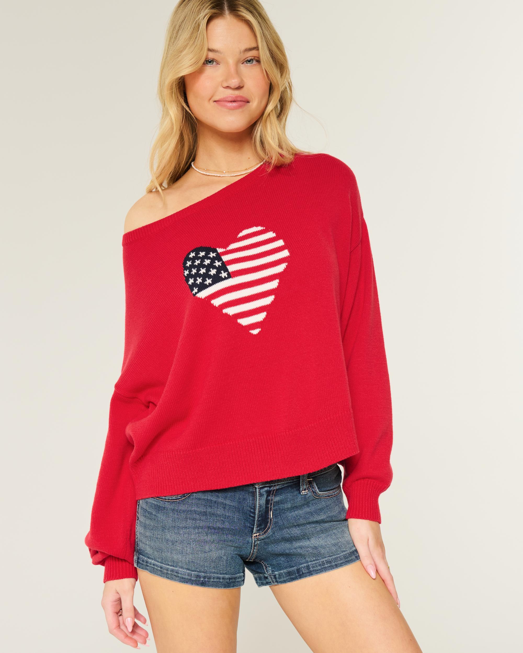 Easy Off-the-Shoulder Heart Flag Graphic Sweater Product Image