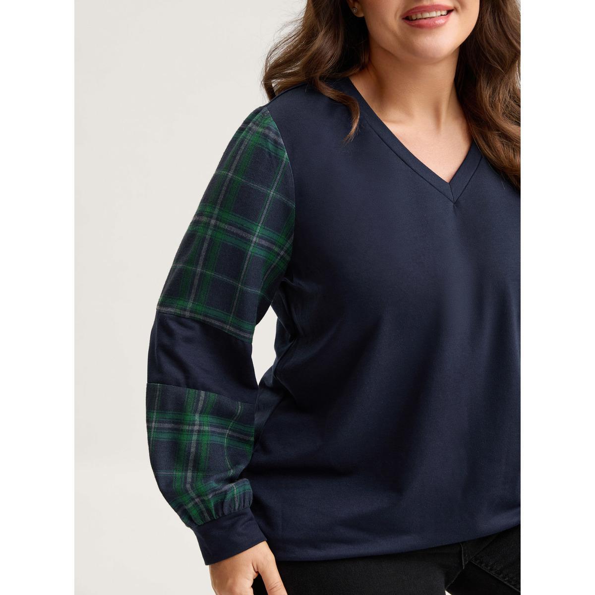 Plus Size Plaid Sleeve Color Contrast Sweatshirt Women Indigo Contrast Loose V-neck Everyday-Casual Sweatshirts BloomChic 14-16/1X Product Image