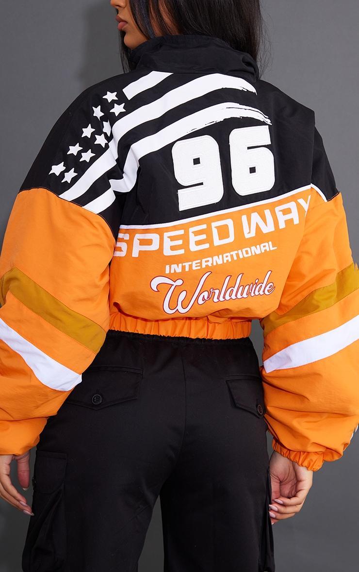 Orange Cropped Oversized Graphic Zipped Racer Bomber Jacket Product Image