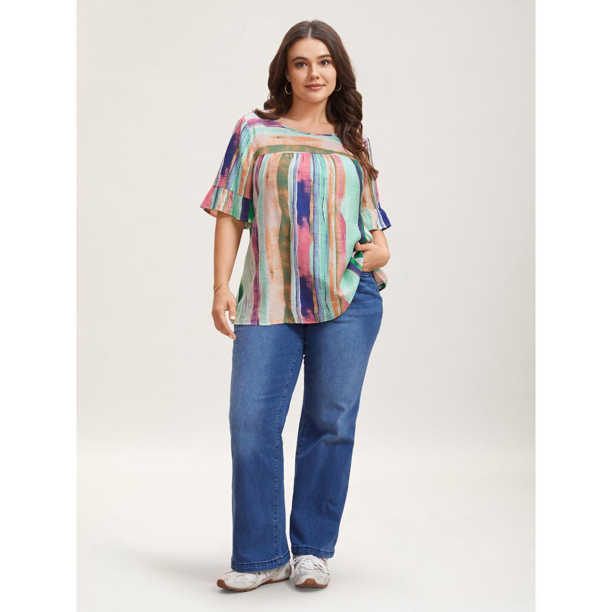 Plus Size Multicolor Multi-Color Striped Curved Hem Shirt Women Casual Half Sleeve Round Neck Everyday Blouses BloomChic 12/L Product Image