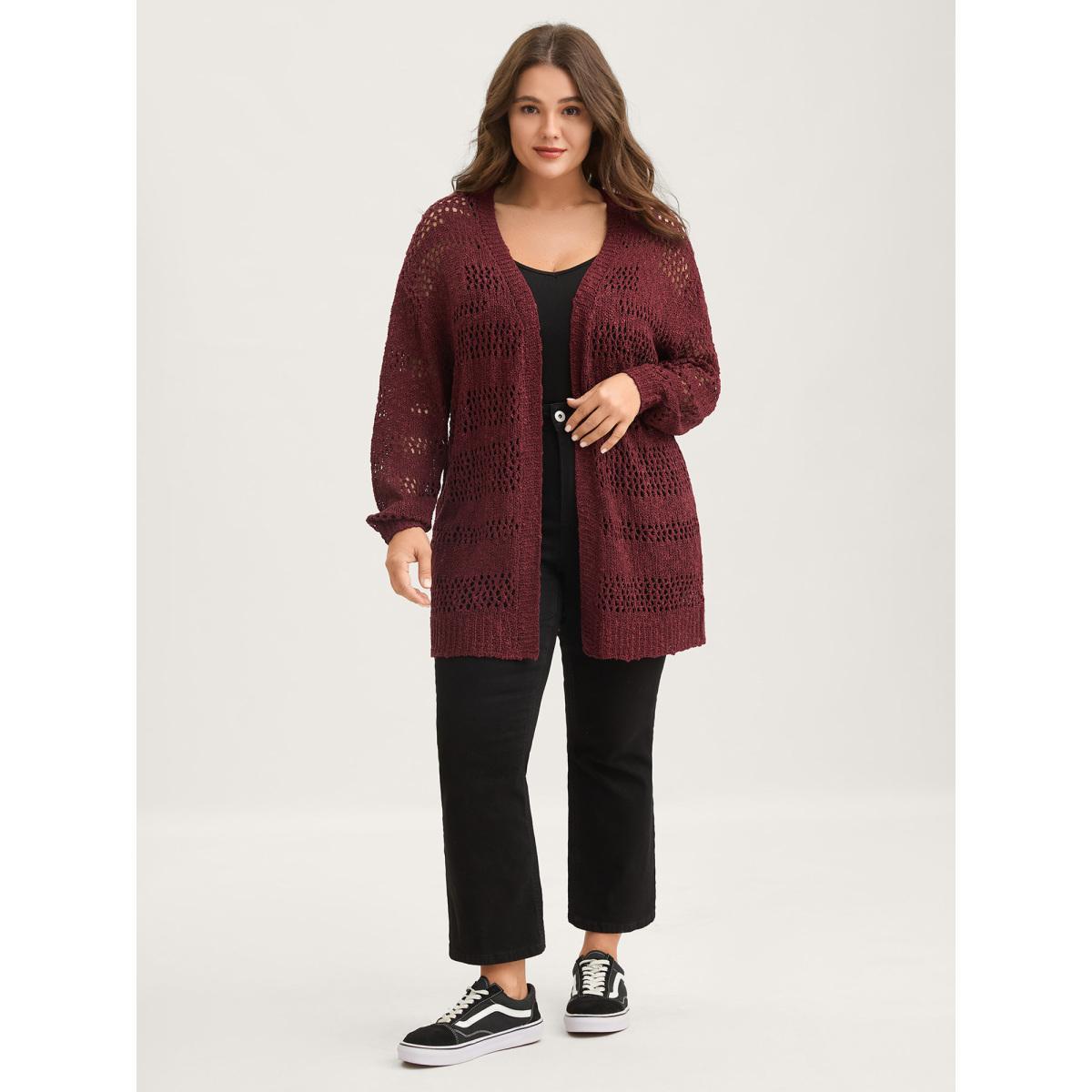 Plus Size Textured Cut-Out Open-Front Knit Cardigan Russet Women Loose Long Sleeve Everyday-Casual Cardigans BloomChic 10/M Product Image