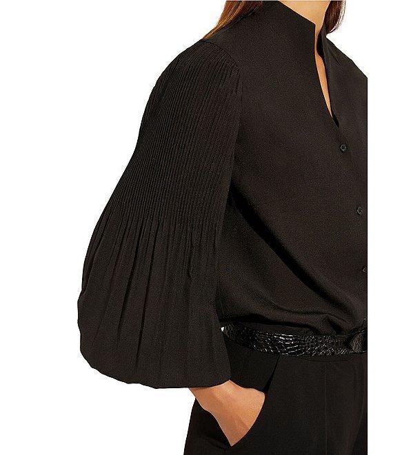 MISOOK Stretch Crepe Funnel V-Neck Pleated Bishop Sleeve Blouse Product Image