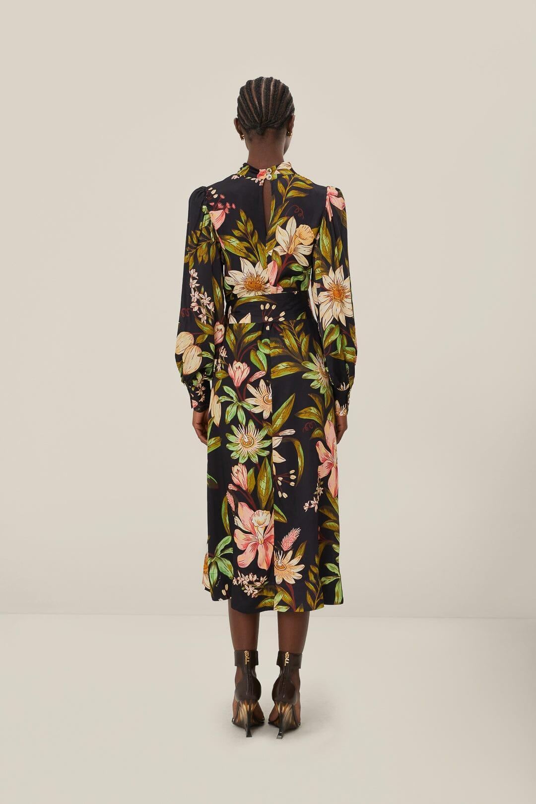 Black Surreal Flowers High Neck Midi Dress, SURREAL FLOWERS BLACK / XL Product Image