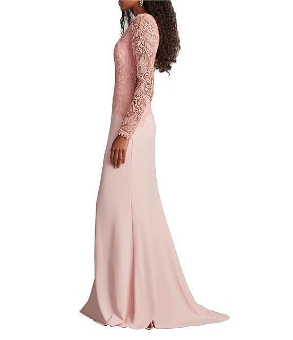 Tadashi Shoji Round Neck Illusion Long Sleeve Asymmetrical Leaf Embroidered Crepe Sheath Gown Product Image