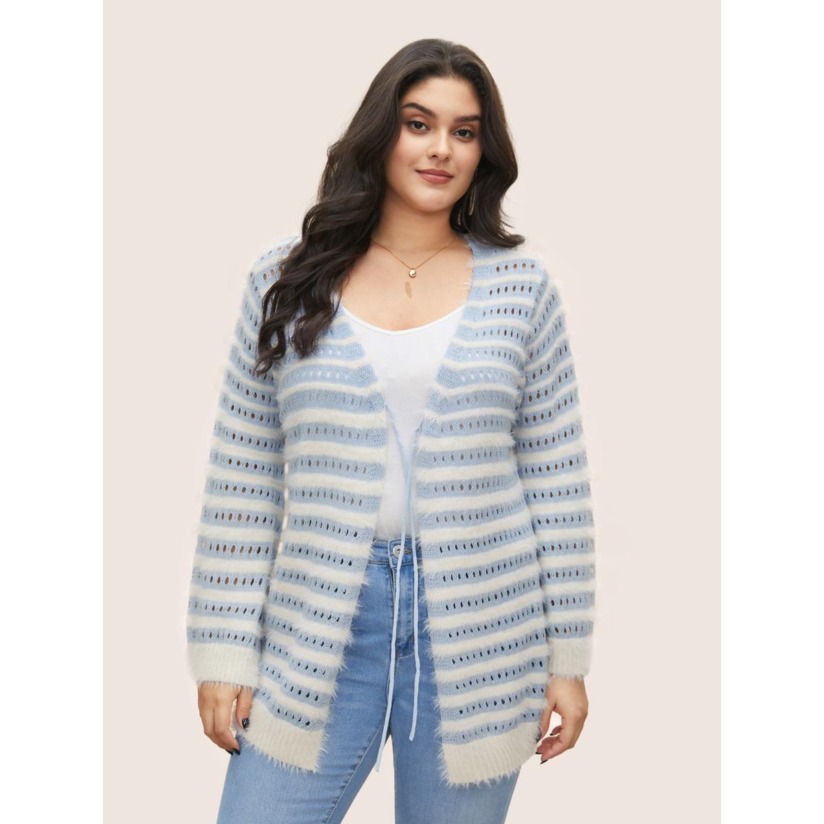Plus Size Striped Contrast Ties Front Eyelet Cardigan LightBlue Women Casual Long Sleeve Everyday Cardigans BloomChic 22-24/3X Product Image