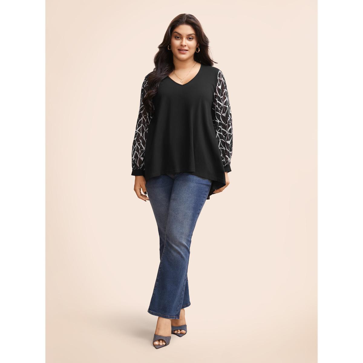 Plus Size Geometric Patchwork Mesh Pocket T-shirt Black Women Elegant See through Art&design V-neck Everyday T-shirts BloomChic 10/M Product Image
