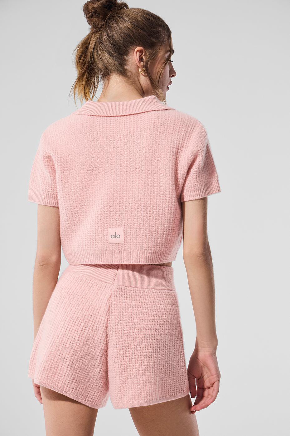 Cashmere Plush Waffle Polo Tee - Pink Quartz Female Product Image